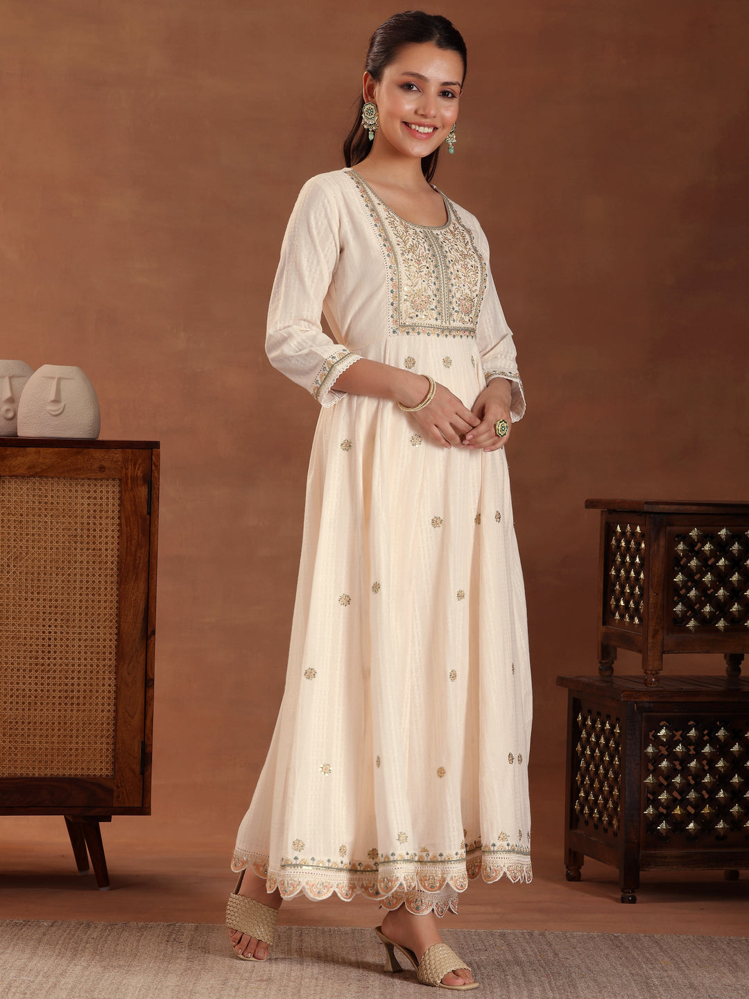 Peach Embroidered Pure Cotton A-line Kurta With Trouers & Dupatta