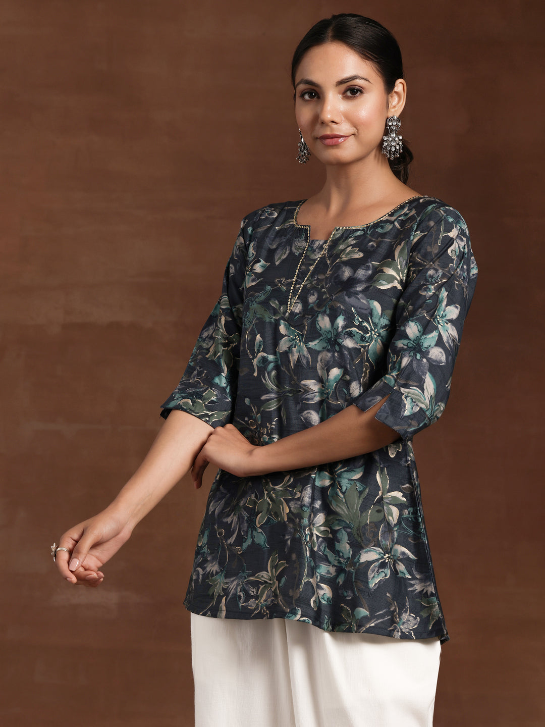 Grey Yoke Design Silk Blend A-Line Kurti