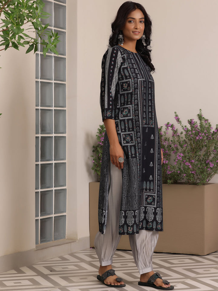 Black Printed Silk Blend Straight Suit With Dupatta