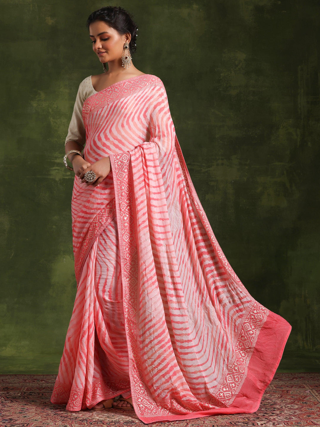 Coral Printed Poly Georgette Saree With Unstitched Blouse Piece - Libas