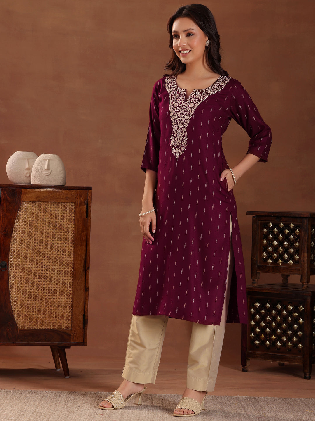 Maroon Woven Design Cotton Straight Kurta