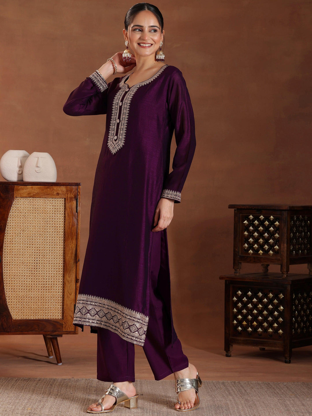Wine Embroidered Silk Blend Straight Suit With Dupatta