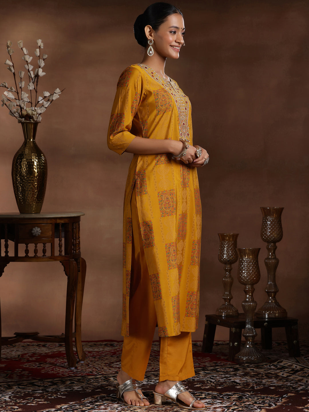 Mustard Printed Silk Blend Straight Suit With Dupatta