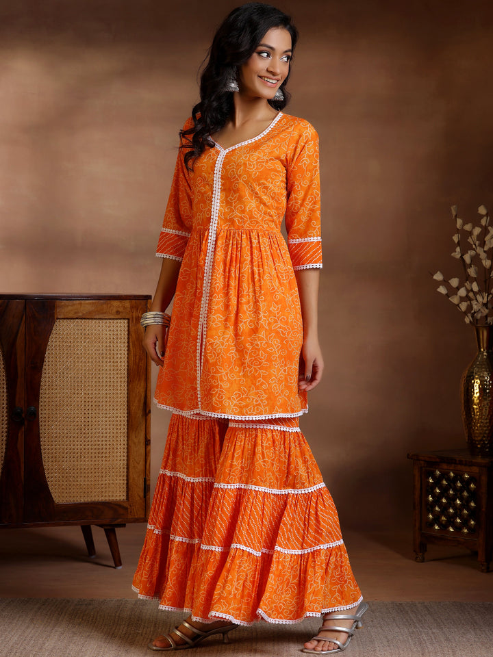 Orange Printed Cotton A-Line Kurti With Sharara & Dupatta