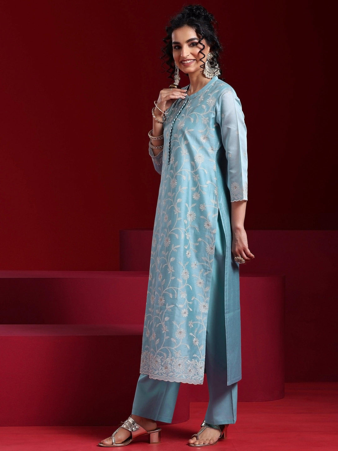 Libas Art Blue Embroidered Chanderi Silk Straight Suit With Dupatta