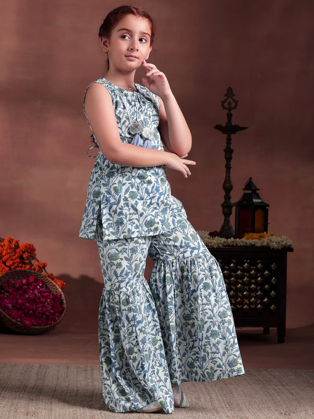 Kids White Printed Cotton Straight Kurta Set