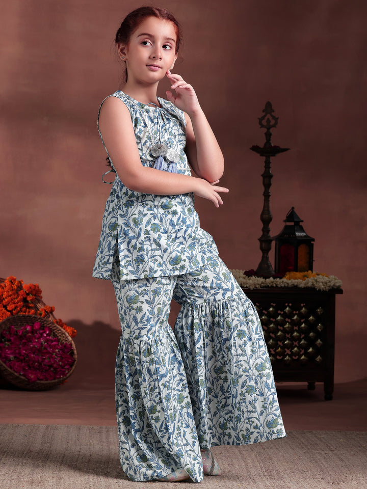 Kids White Printed Cotton Straight Kurta Set