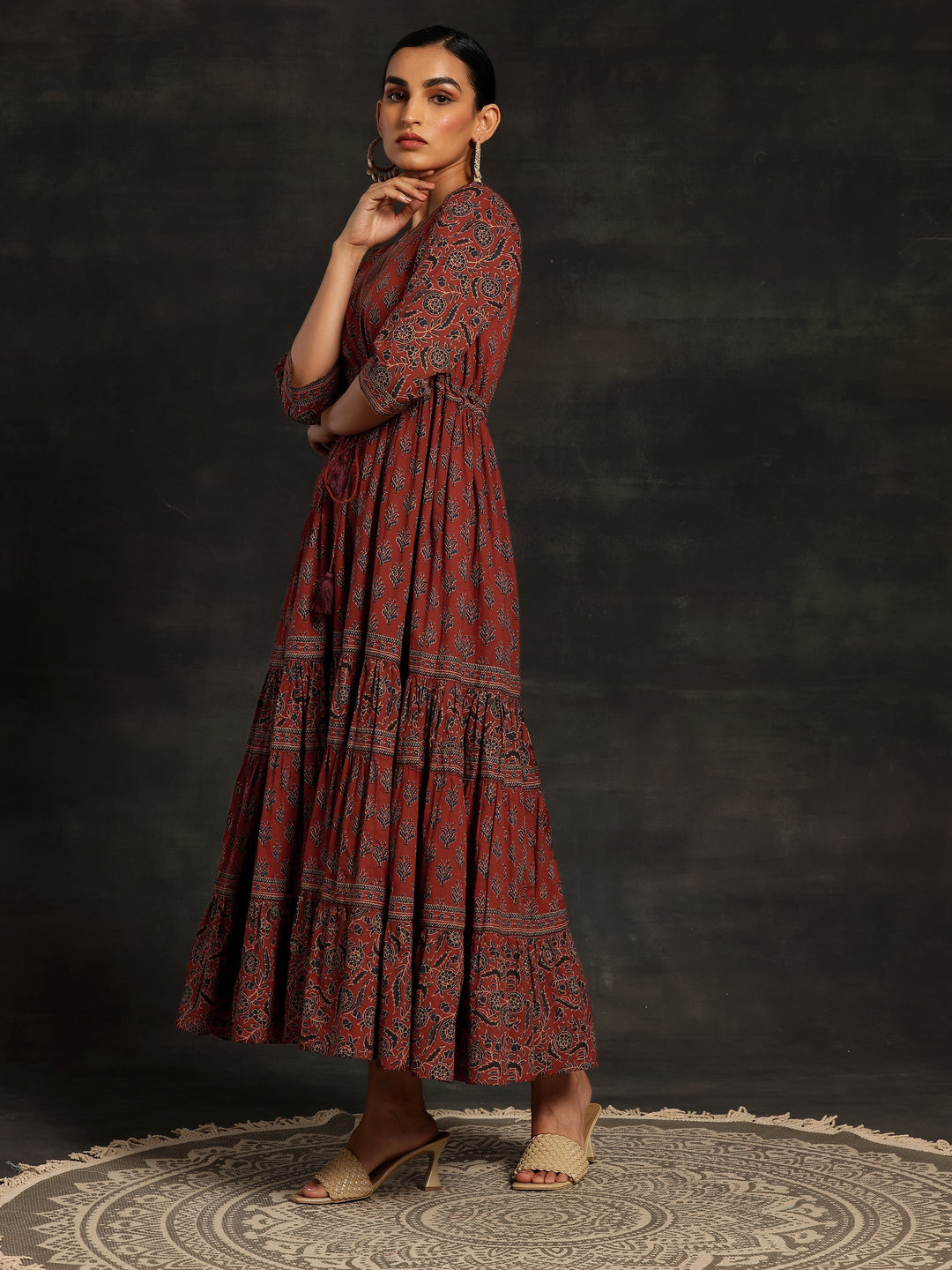 Maroon Printed Cotton A-Line Dress