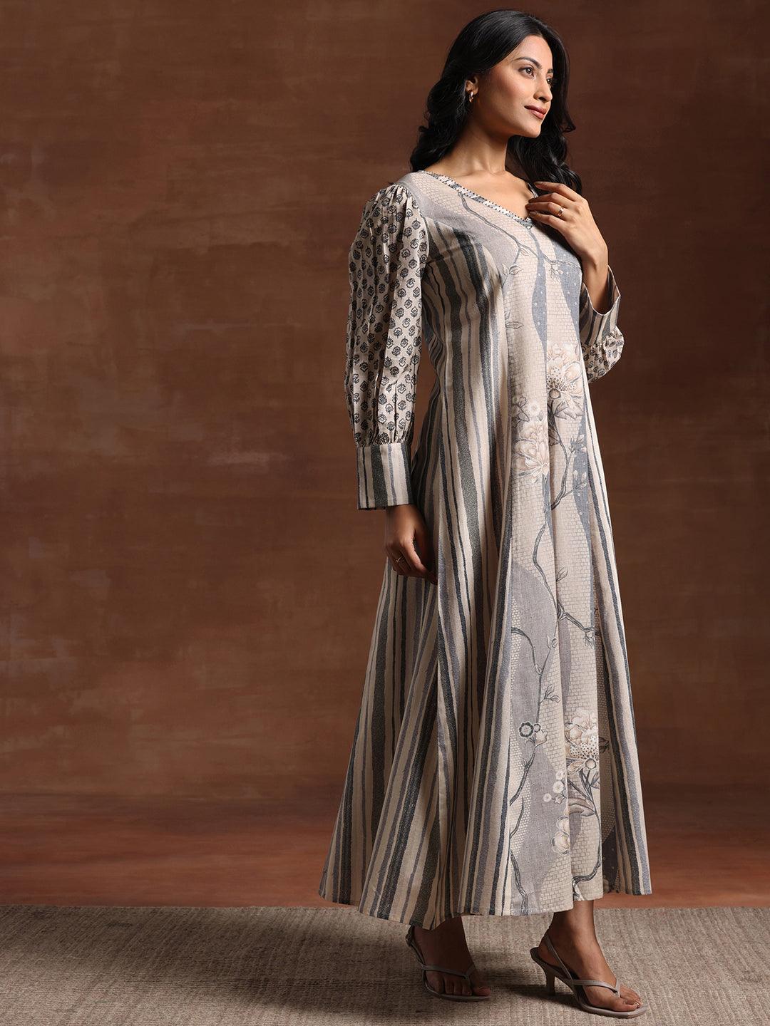 Off White Printed Cotton Blend A-Line Dress