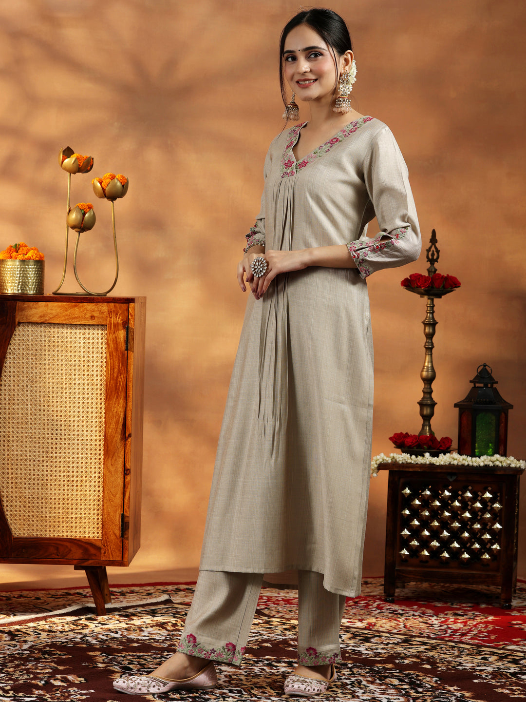 Beige Yoke Design Silk Blend Straight Suit With Dupatta