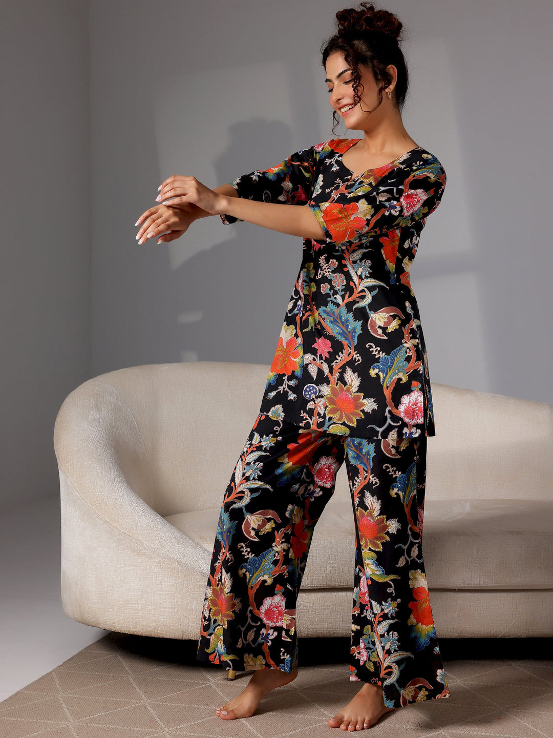 Black Printed Cotton Night Suits