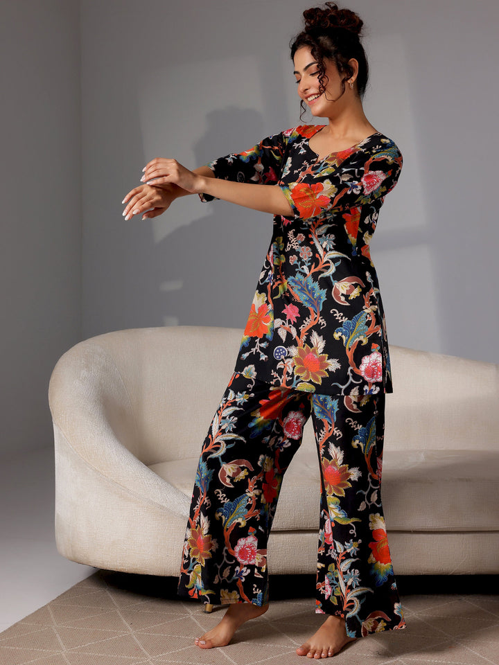 Black Printed Cotton Night Suits