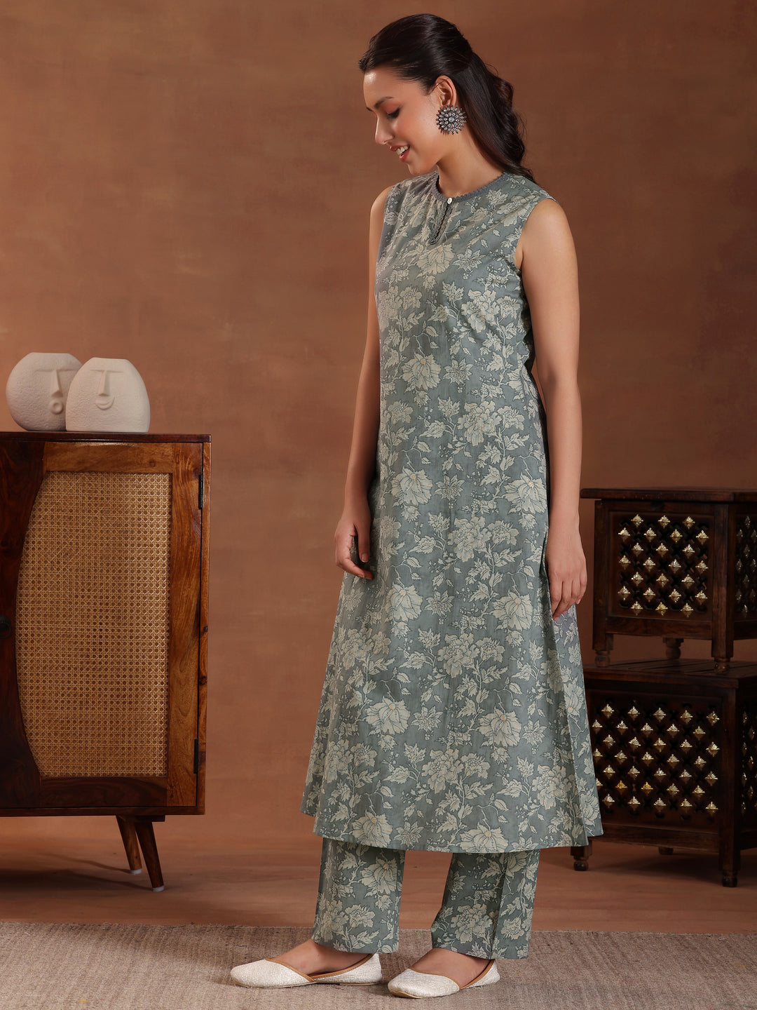 Grey Printed Pure Cotton A-Line Kurta With Trousers