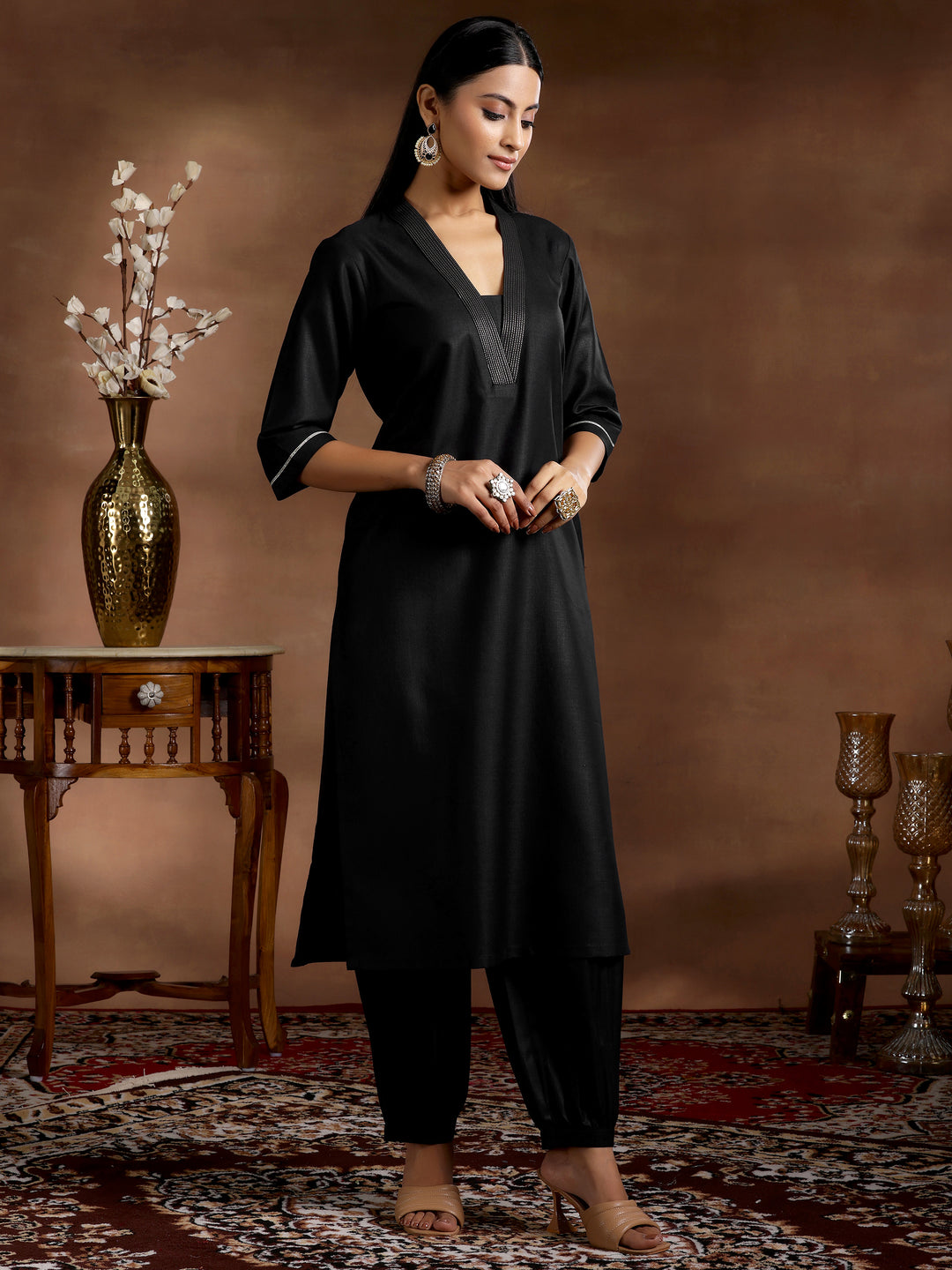 Black Solid Cotton Blend Straight Suit With Dupatta