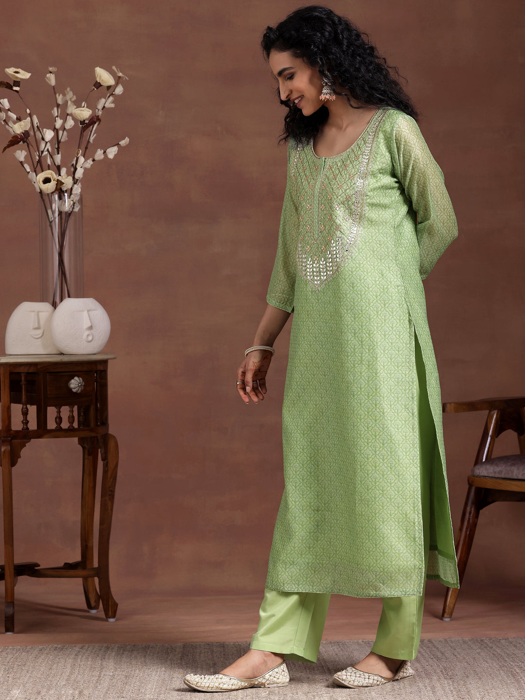 Green Printed Silk Blend Straight Suit With Dupatta
