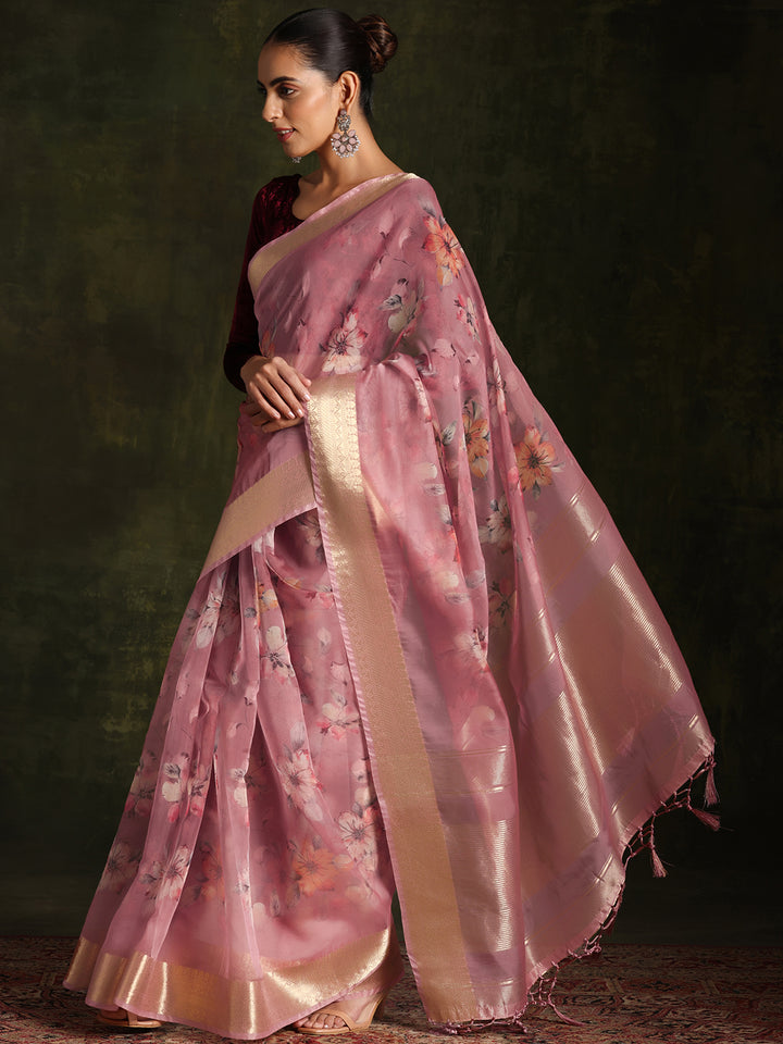 Mauve Printed Organza Saree With Unstitched Blouse Piece