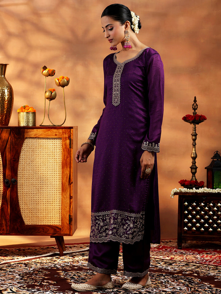 Wine Embroidered Silk Blend Straight Suit With Dupatta