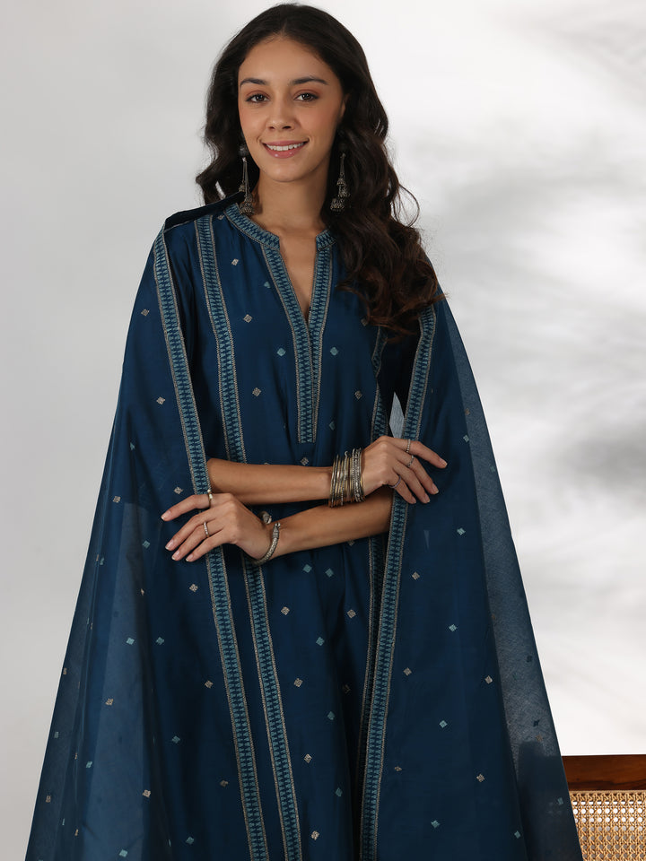 Teal Woven Design Chanderi Silk Straight Suit With Dupatta