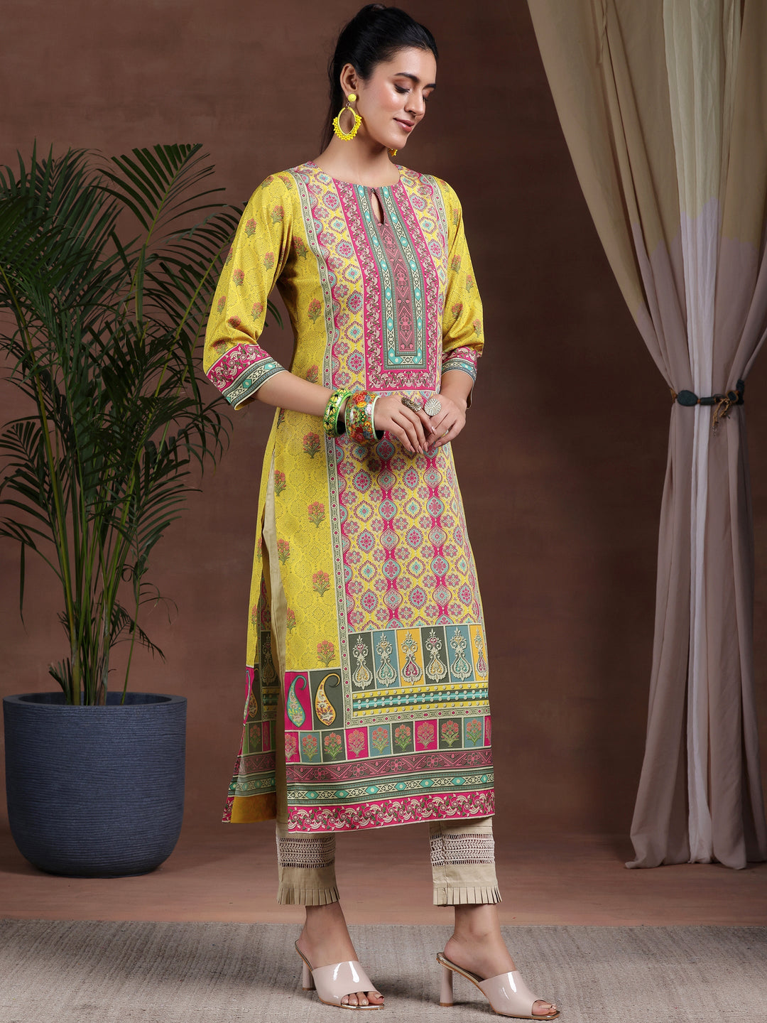 Mustard Printed Crepe Straight Kurta