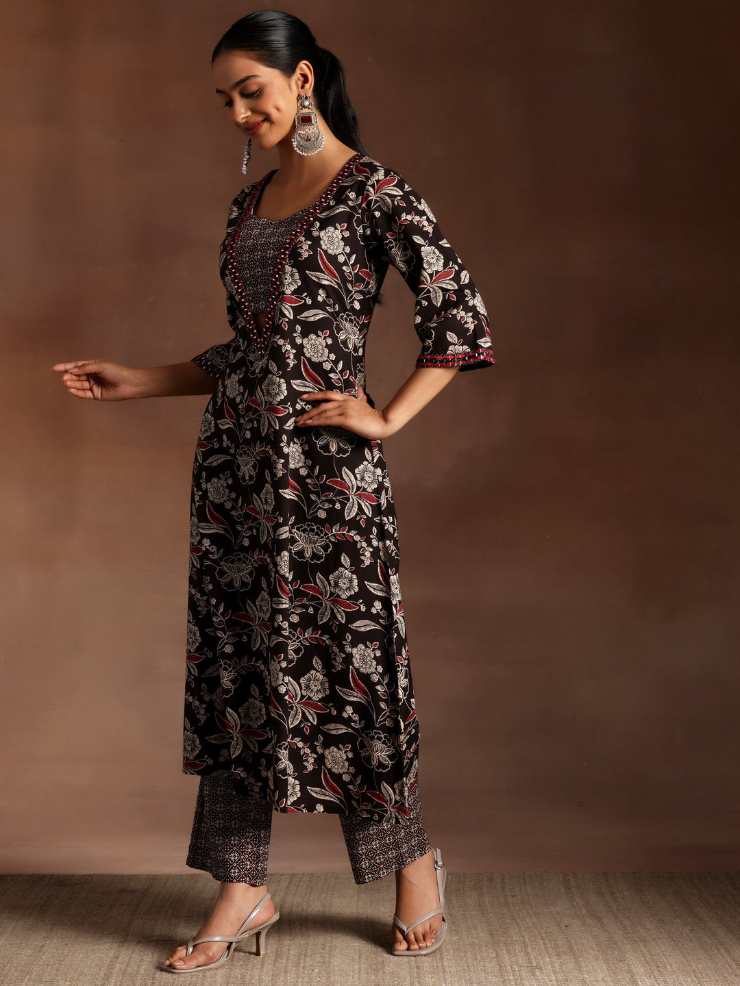 Black Printed Cotton A-Line Kurta With Palazzos