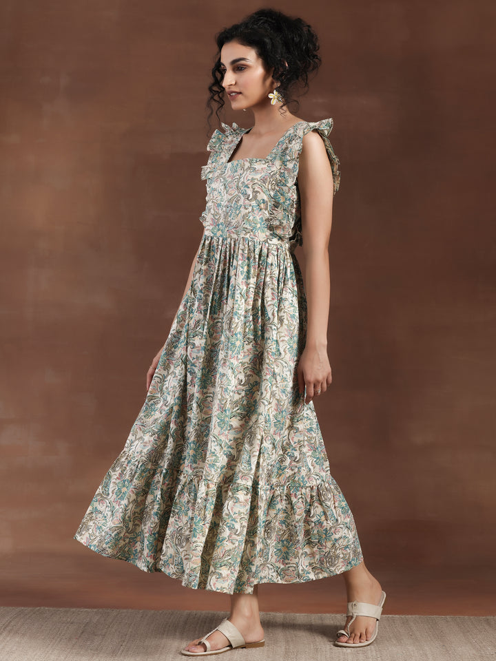 White Printed Cotton Fit and Flare Dress