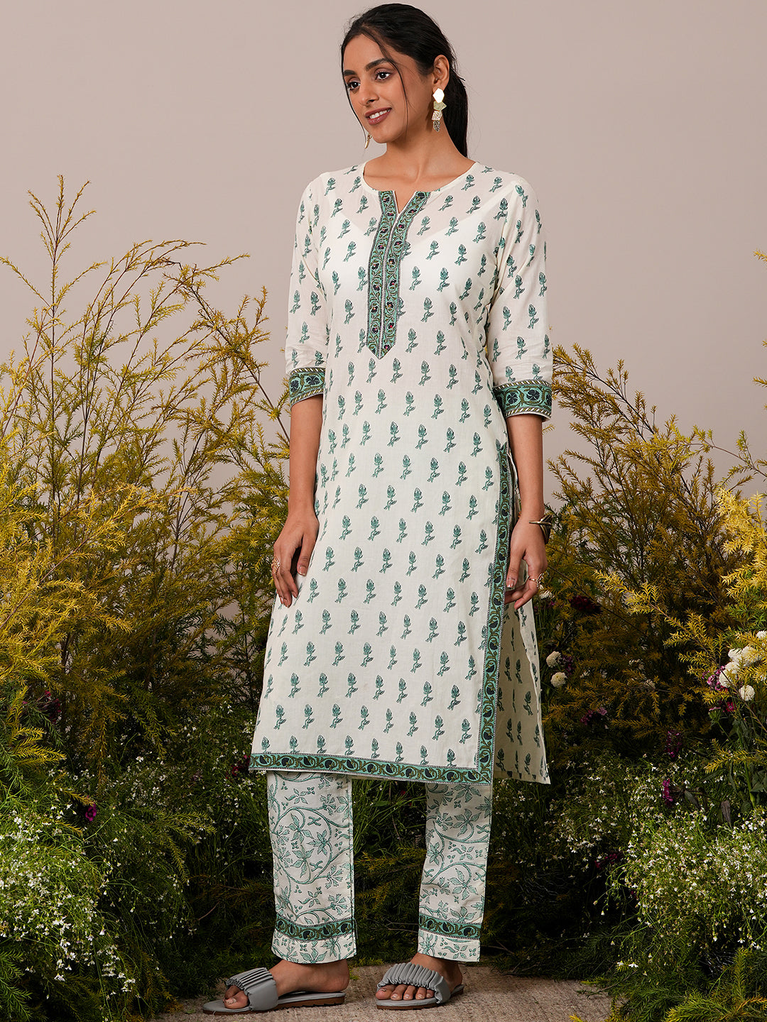 Off White Printed Cotton Straight Suit With Dupatta