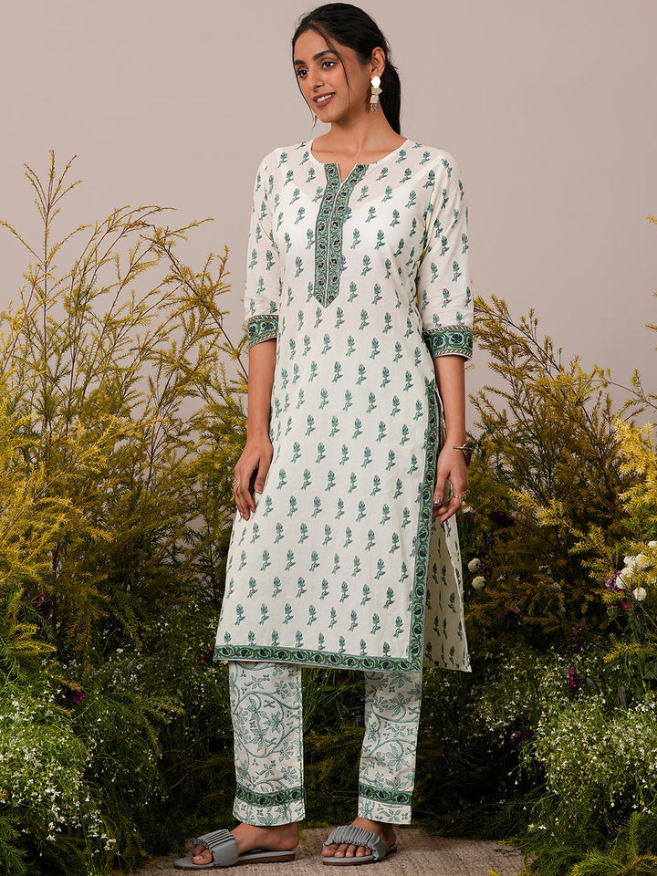 Off White Printed Cotton Straight Suit With Dupatta