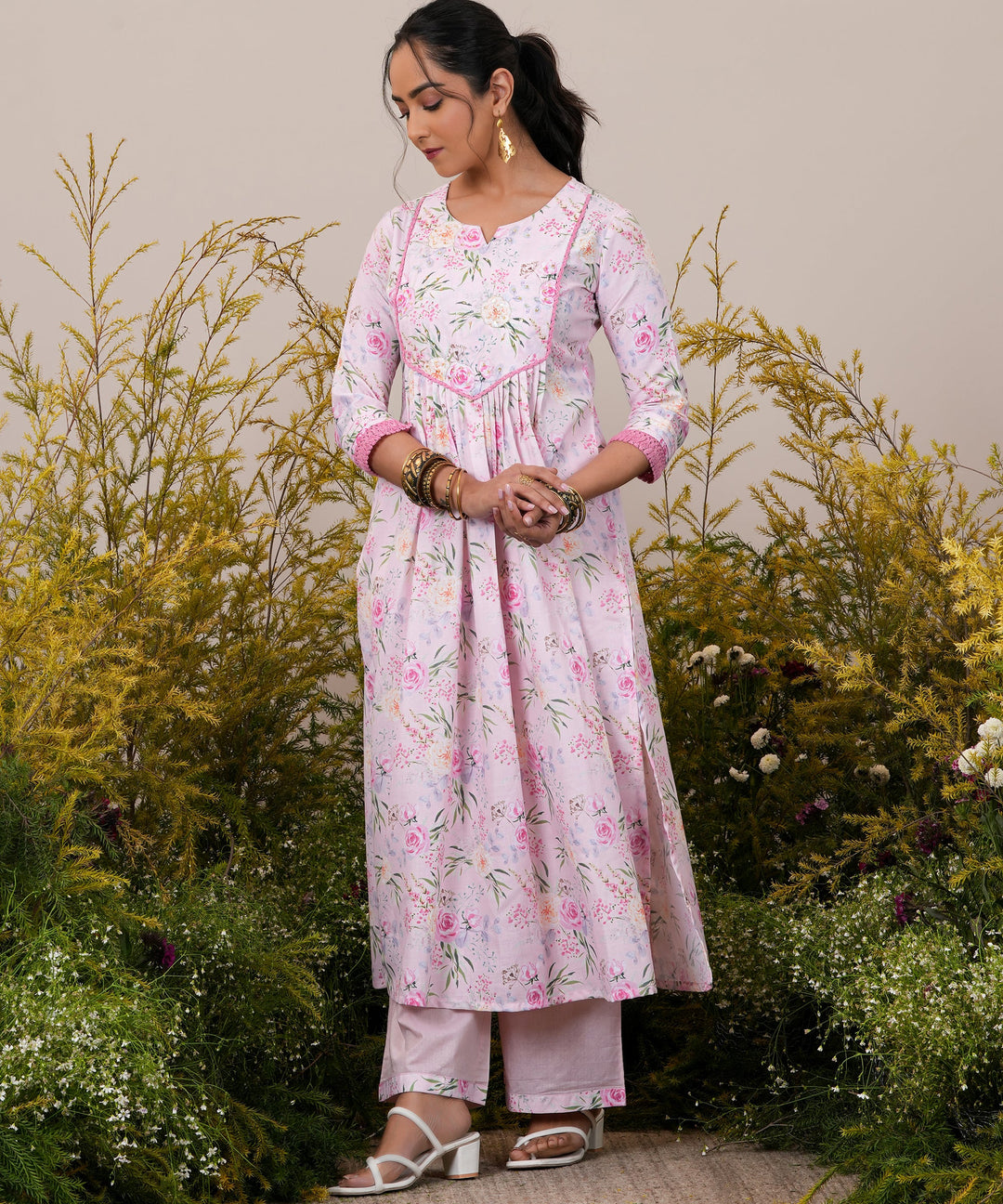 Pink Printed Cotton Blend A-Line Kurta With Palazzos & Dupatta
