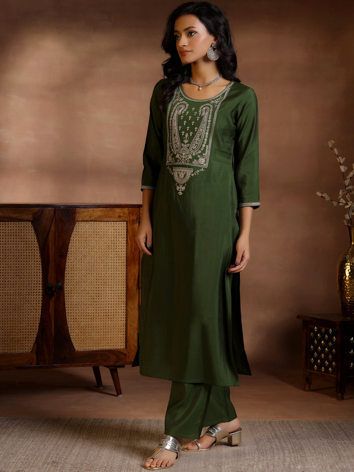 Olive Yoke Design Silk Blend Straight Suits With Dupatta