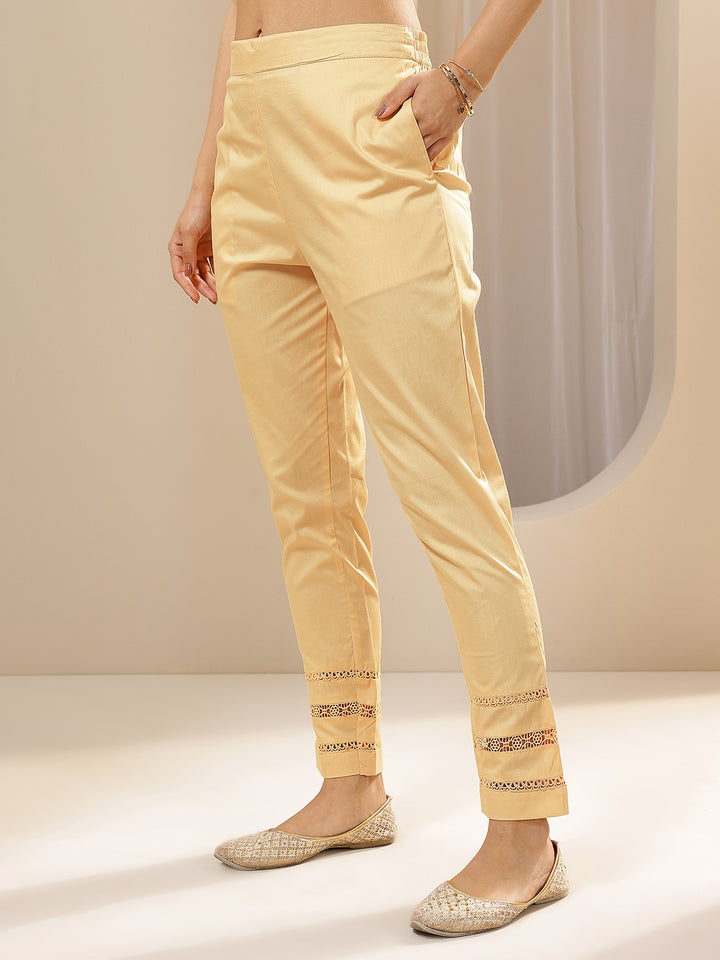Beige Solid Cotton Trousers