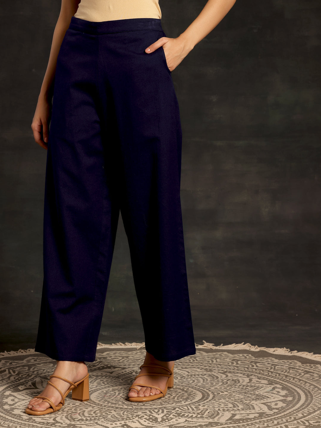 Navy Blue Solid Cotton Palazzos