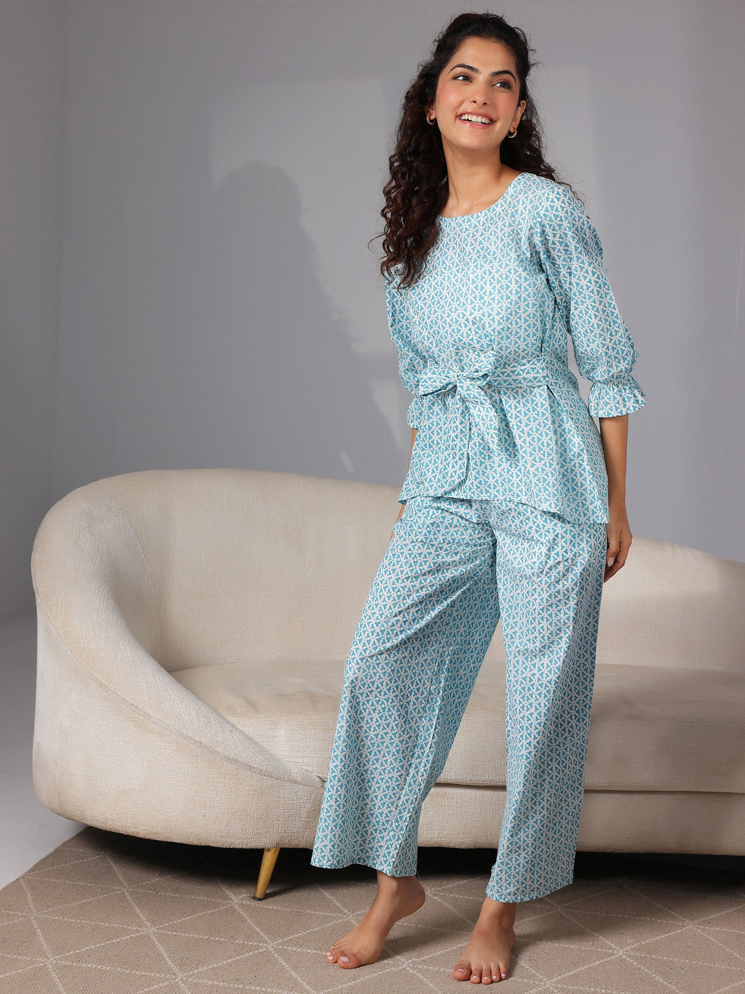 Blue Printed Cotton Night Suits