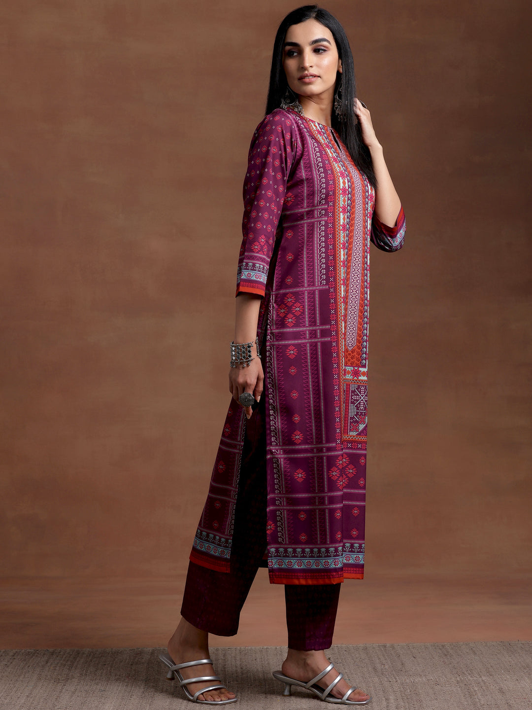 Wine Printed Poly Crepe Straight Kurta Set