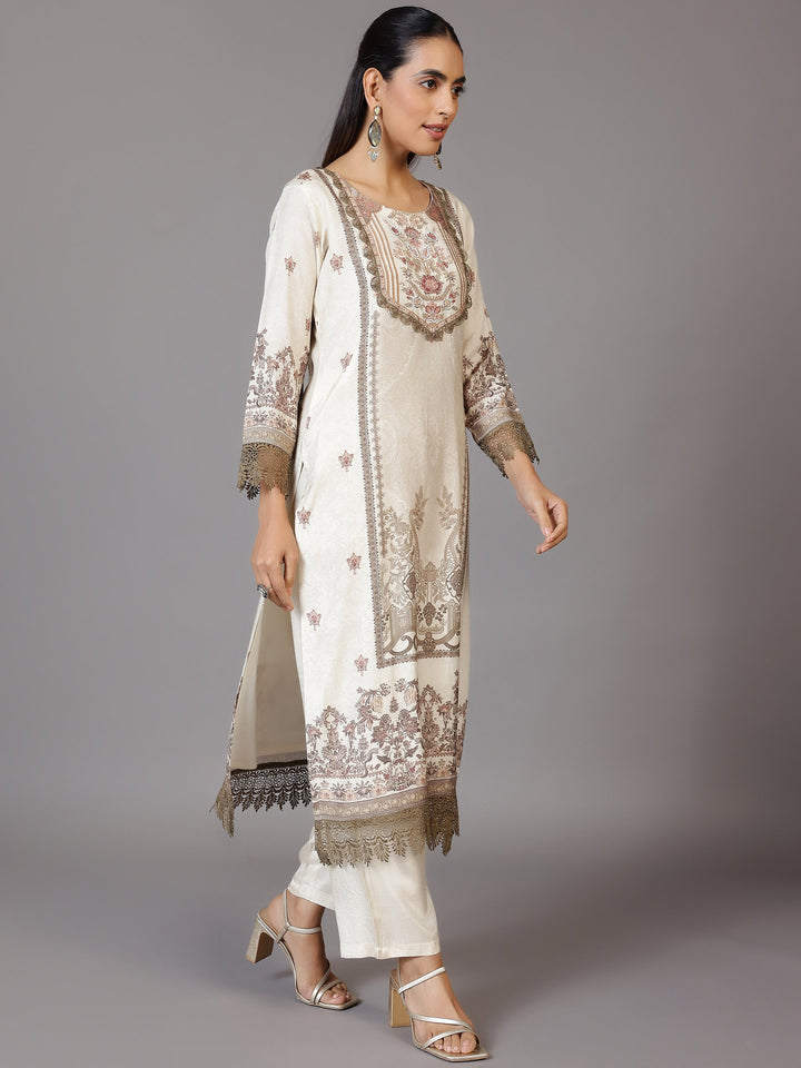 Beige Printed Silk Blend Straight Suit With Dupatta
