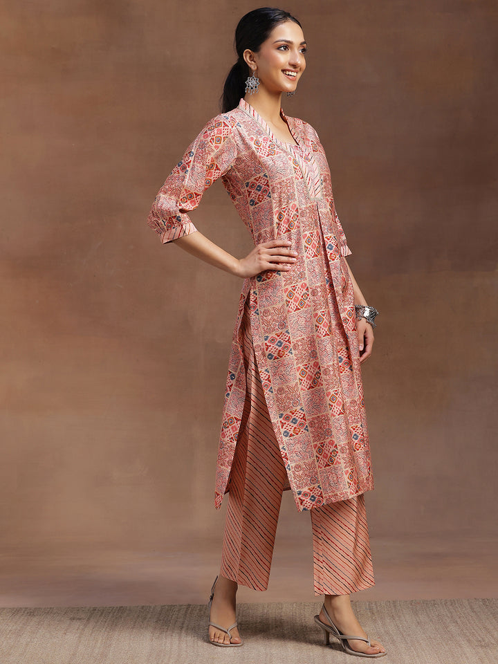 Peach Printed Silk Blend Straight Kurta Set
