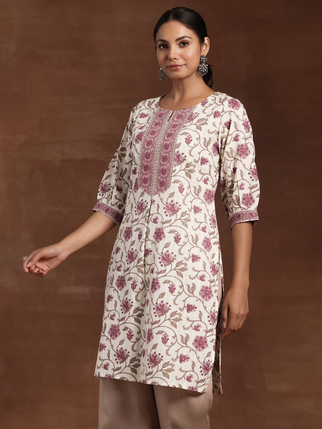 Beige Printed Cotton Straight Kurta