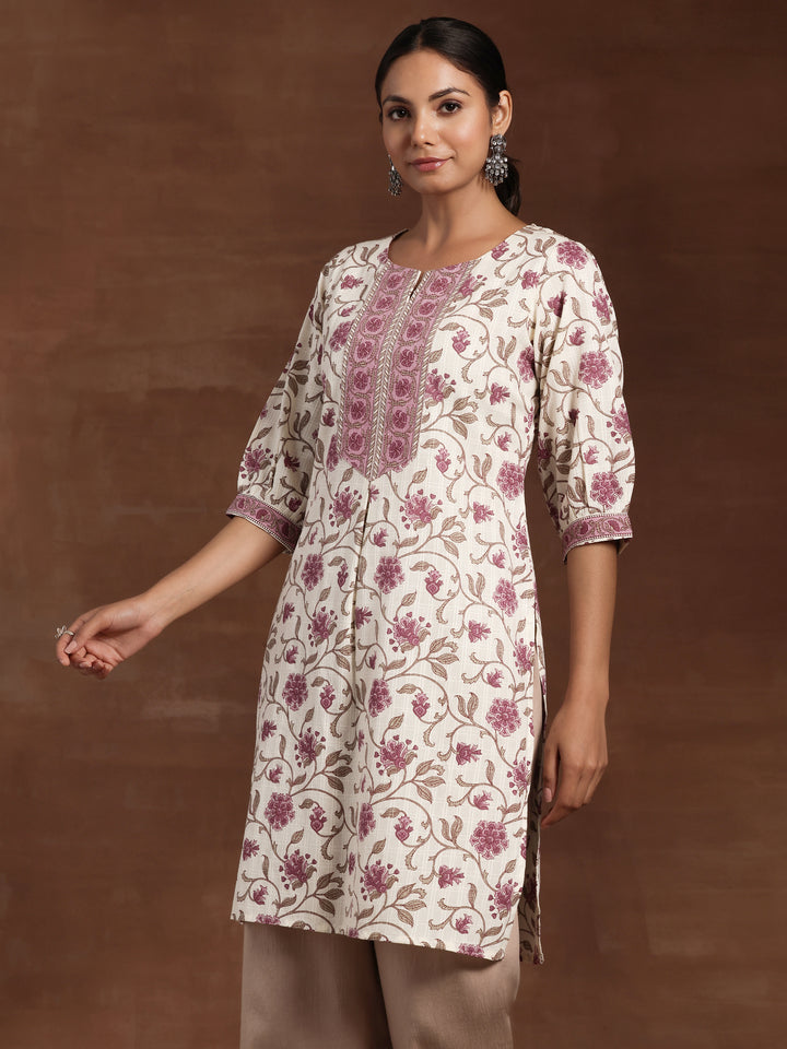 Beige Printed Cotton Straight Kurta