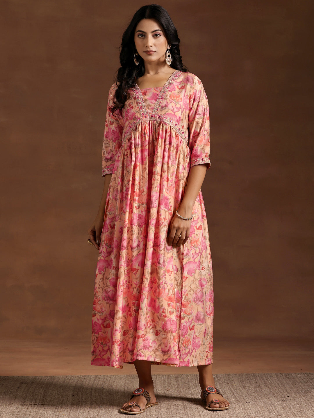 Orange Printed Silk Fit and Flare Dress