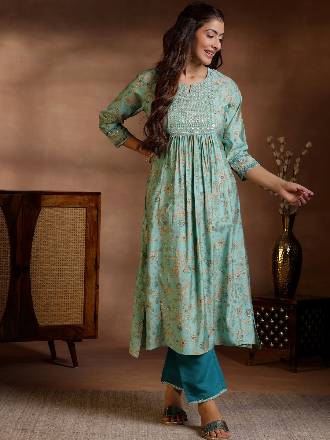 Green Printed Silk Blend A-Line Kurta With Palazzos