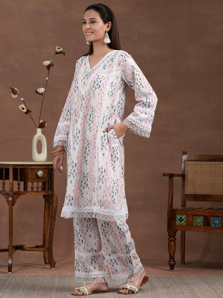 Off white Printed Cotton A-Line Kurta With Palazzos