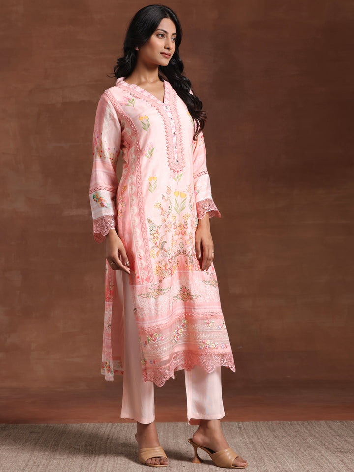 Pink Printed Silk Blend Straight Suit With Dupatta
