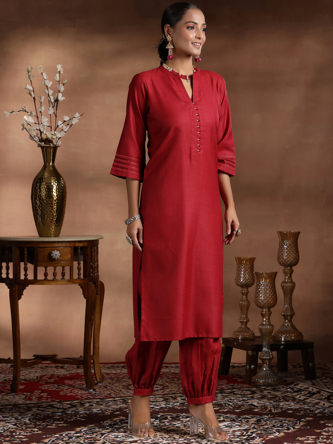 Maroon Solid Cotton Blend Straight Suit With Dupatta