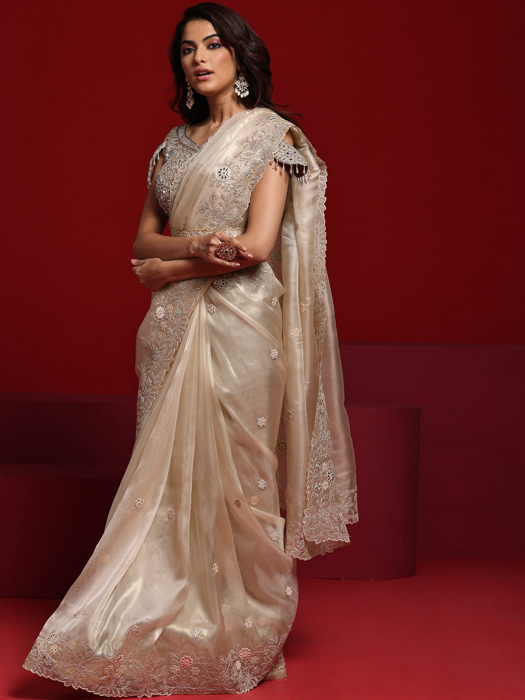 Libas Art Beige Embroidered Silk Blend Saree With Unstitched Blouse Piece