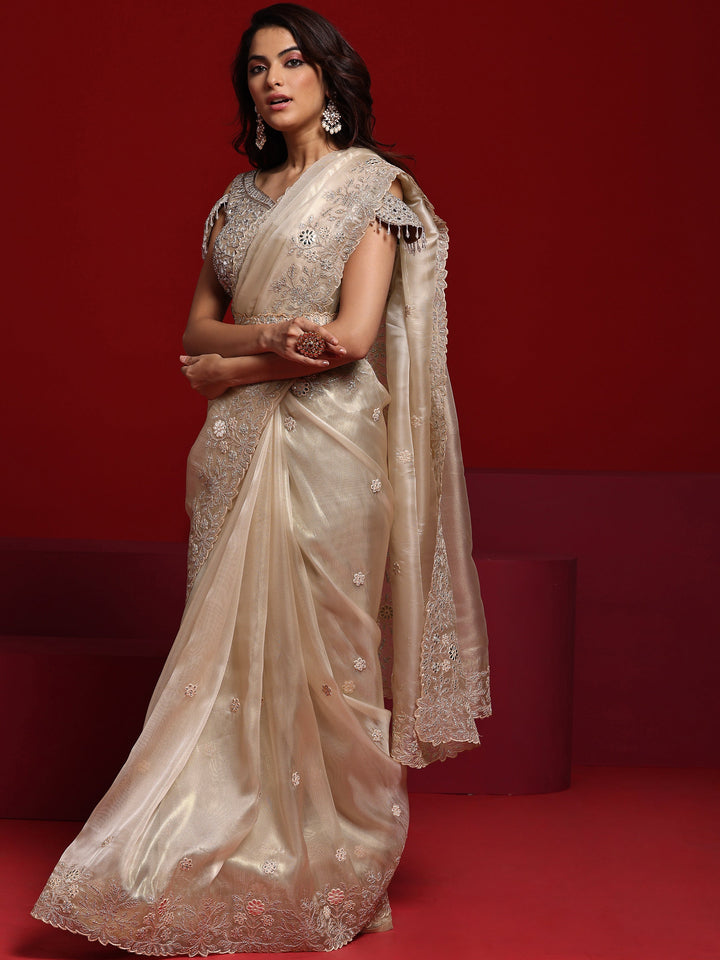 Libas Art Beige Embroidered Silk Blend Saree With Unstitched Blouse Piece