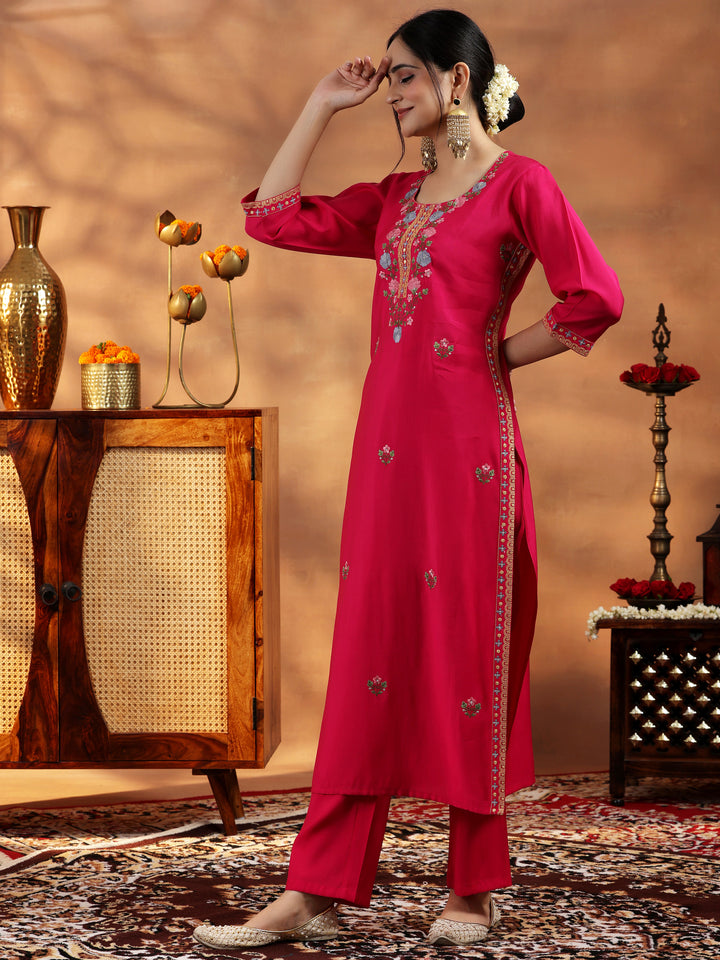Pink Embroidered Silk Blend Straight Suit With Dupatta