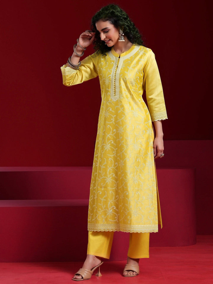 Libas Art Yellow Embroidered Chanderi Silk Straight Suit With Dupatta
