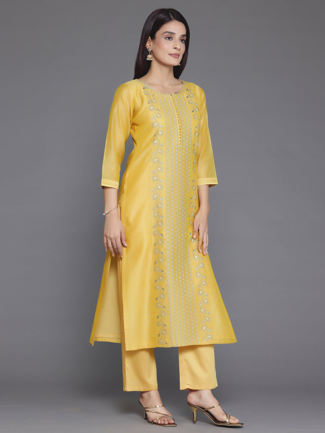 Yellow Embroidered Chanderi Silk Straight Suit With Dupatta