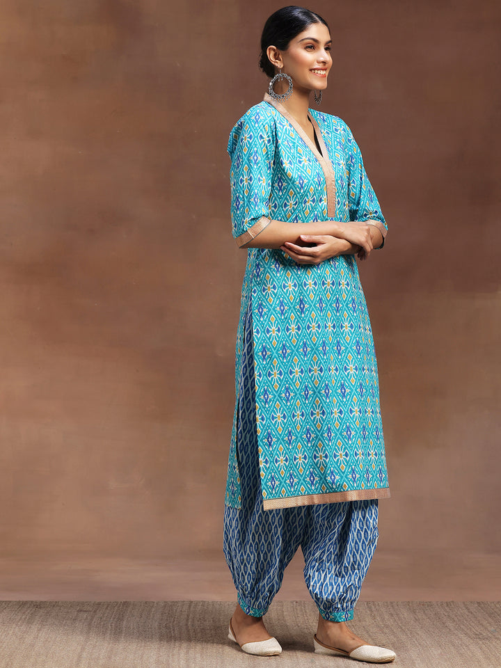 Blue Printed Cotton Straight Suit With Dupatta