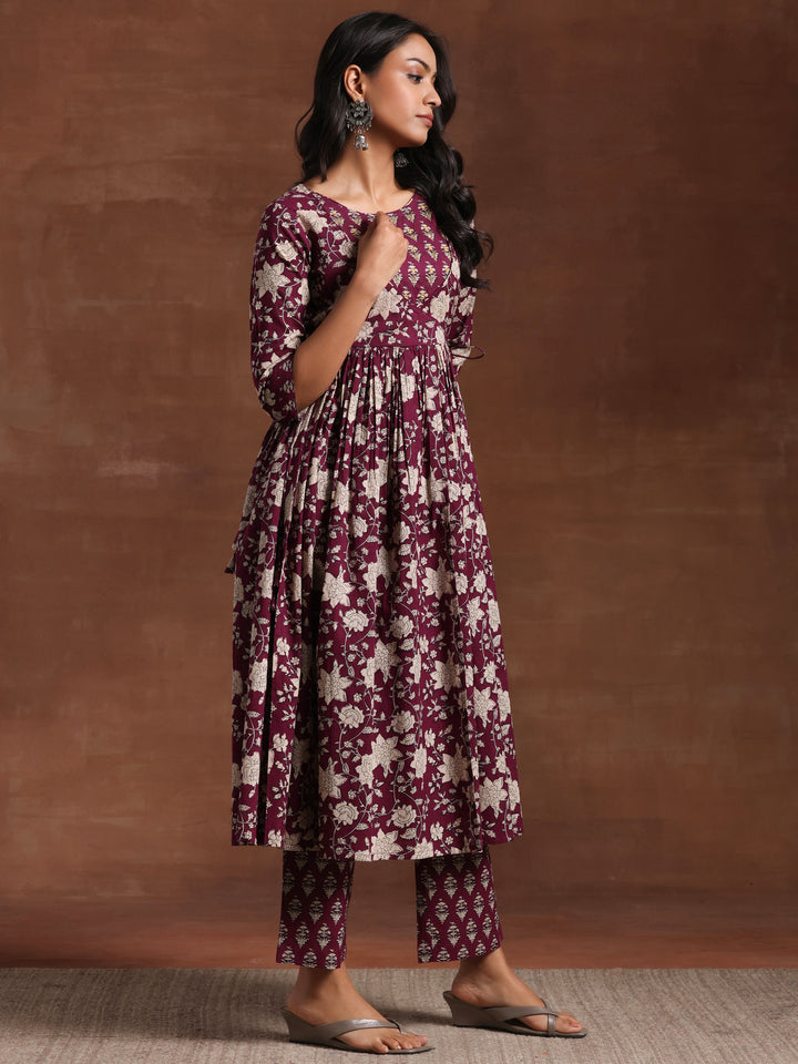 Wine Printed Pure Cotton Anarkali Suit With Dupatta