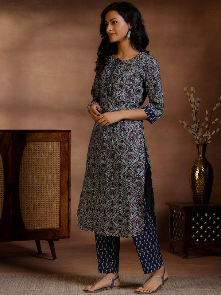 Blue Printed Cotton Straight Kurta Set